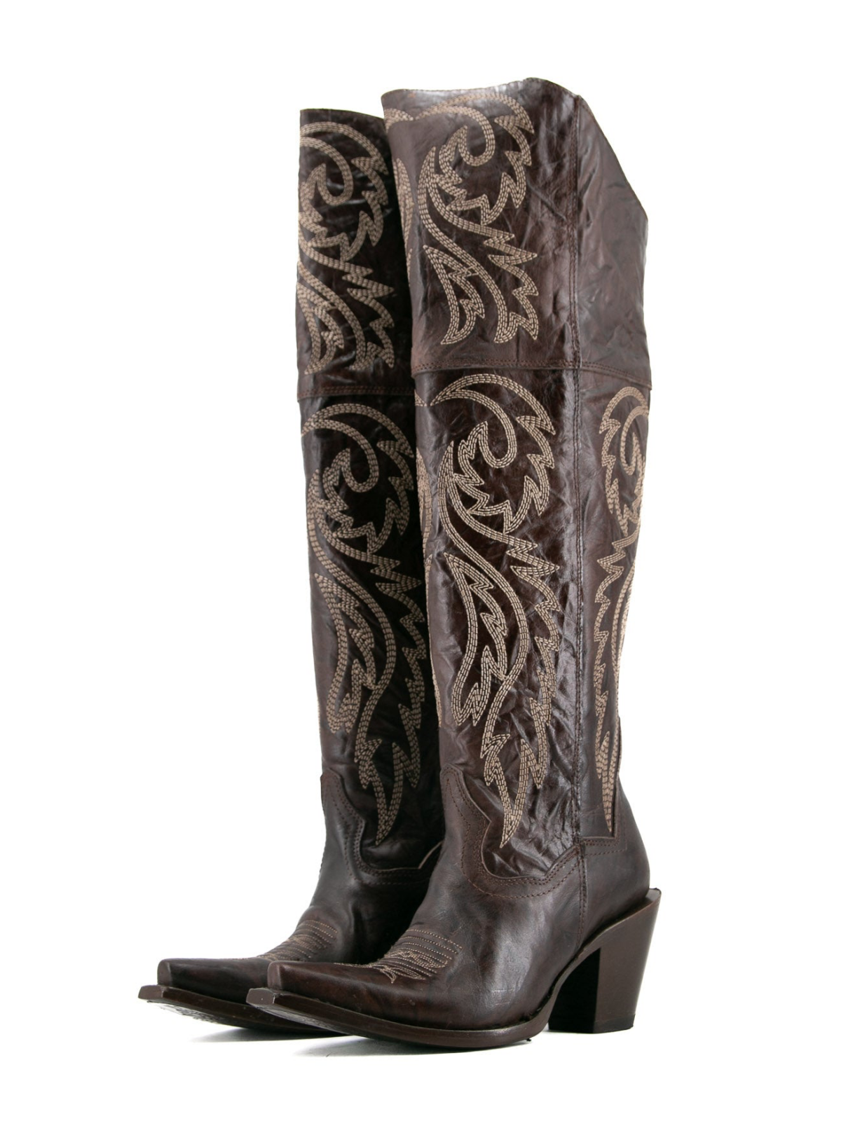 Distressed Snip-Toe Embroidery Tall Half-Zip Knee High Cowgirl Boots - Tobacco