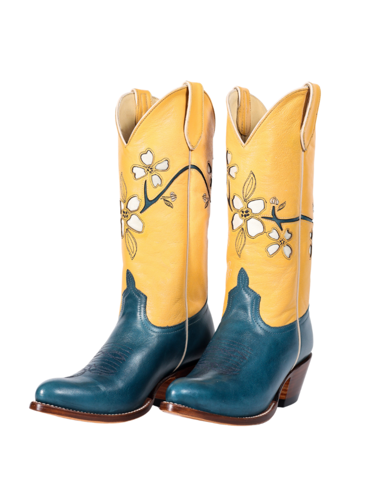 Contrast Yellow And Turquoise Almond-Toe Fresh Flower Inlay Wide Mid Calf Cowgirl Boots