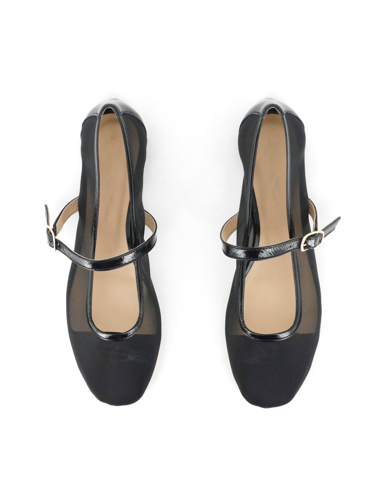 Round-Toe Ballet Flats Mary Janes with Adjustable Strap In Black Mesh