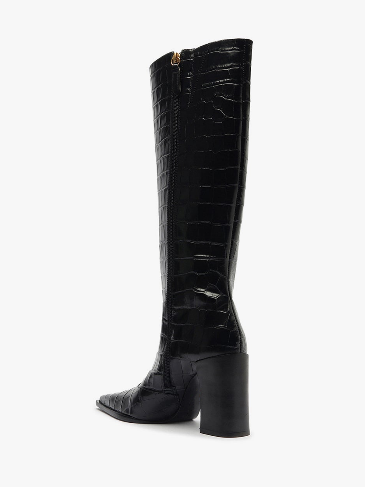 Black Crocodile-Embossed Full-Zip Mid Calf Boots