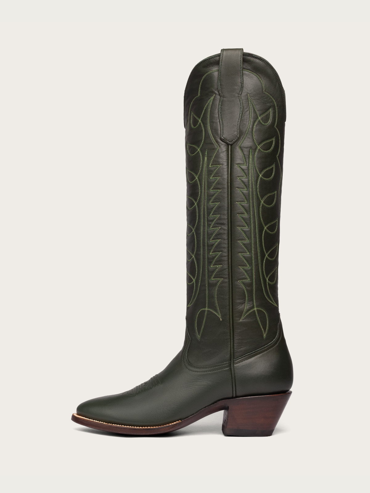 Dark Green Embroidery Almond-Toe Wide Mid Calf Tall Cowboy Boots For Women