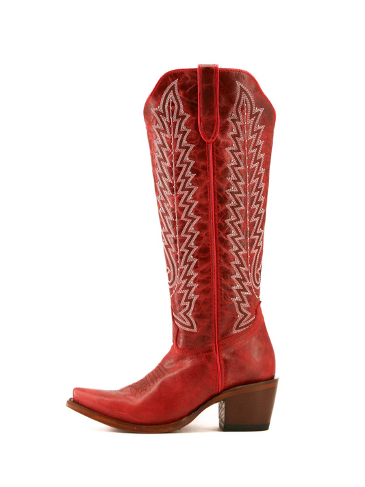 Distressed Red Snip-Toe Half-Zip Classic Embroidery Studded Mid Calf Cowgirl Boots