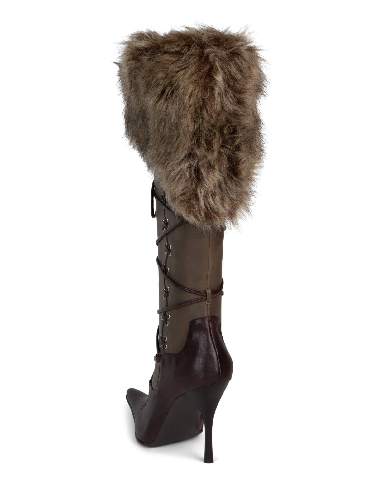 Contrast Black And Brown Full-Zip Mid Calf Stiletto Boots With Lace-Up And Plush Collar