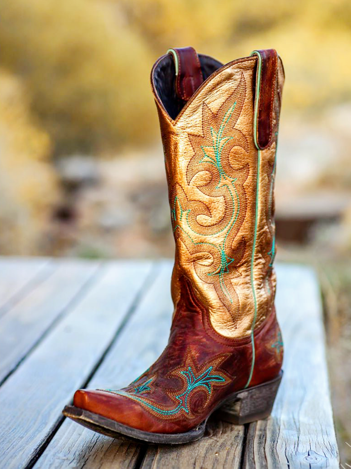 Contrast Distressed Brown And Metallic Gold Snip-Toe Embroidery Wide Mid Calf Tall Cowgirl Boots