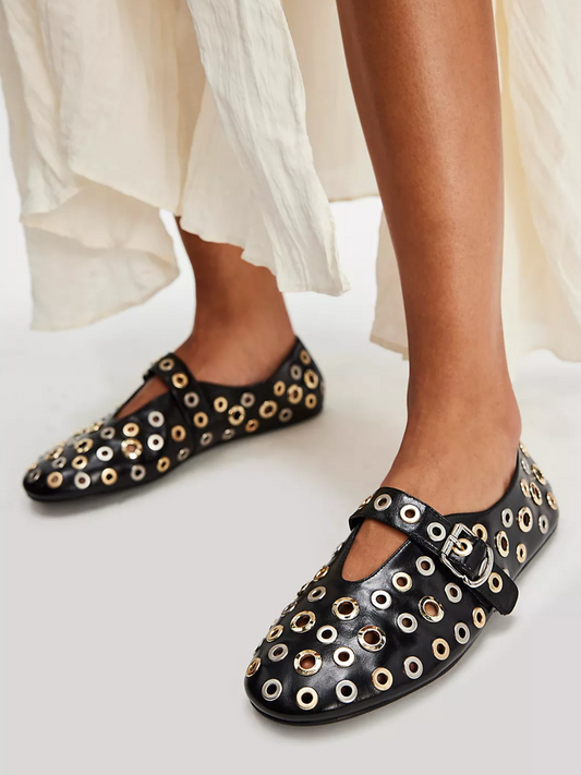 Black Round-Toe Bridge Strap Metallic Eyelets Ballet Mary Janes Flats