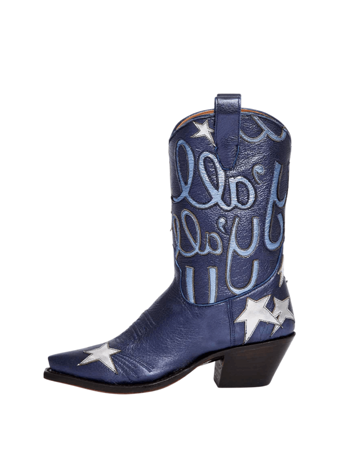 Metallic Navy Blue Snip-Toe Star And Letters Inlay Applique Wide Mid Calf Cowgirl Boots