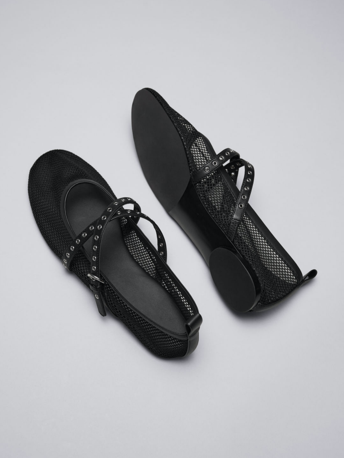 Black Mesh Round Toe Ballet Flats With Crossed Grommet Eyelet Buckled Strap