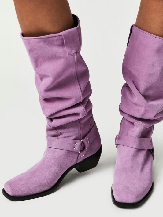 Faux Suede Square-Toe Wide Calf Tall Knee High Cowgirl Boots With Buckle - Lavender