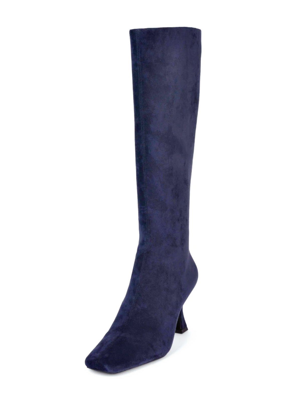 Square-Toe Full-Zip Mid Calf Stiletto Boots - Blue Faux Suede