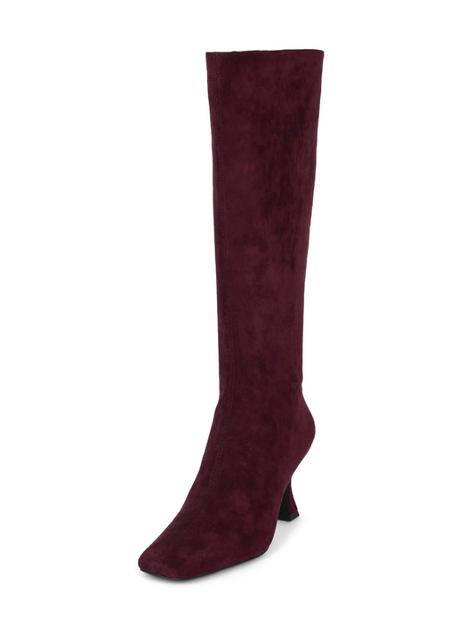 Square-Toe Full-Zip Mid Calf Stiletto Boots - Wine Red Faux Suede