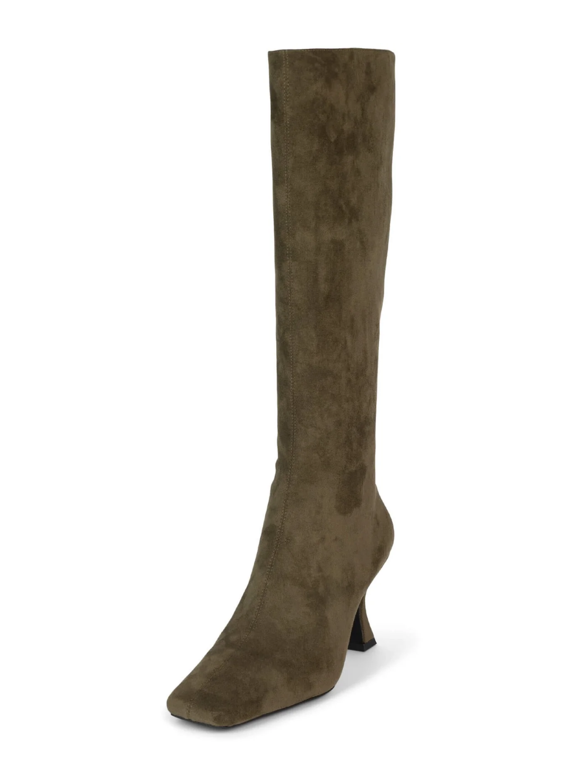 Square-Toe Full-Zip Mid Calf Stiletto Boots - Olive Green Faux Suede