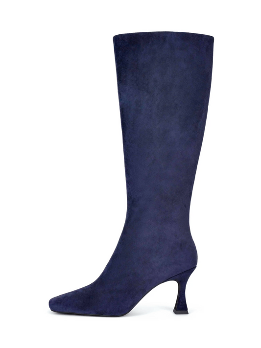 Square-Toe Full-Zip Mid Calf Stiletto Boots - Blue Faux Suede