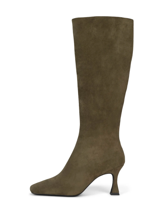 Square-Toe Full-Zip Mid Calf Stiletto Boots - Olive Green Faux Suede