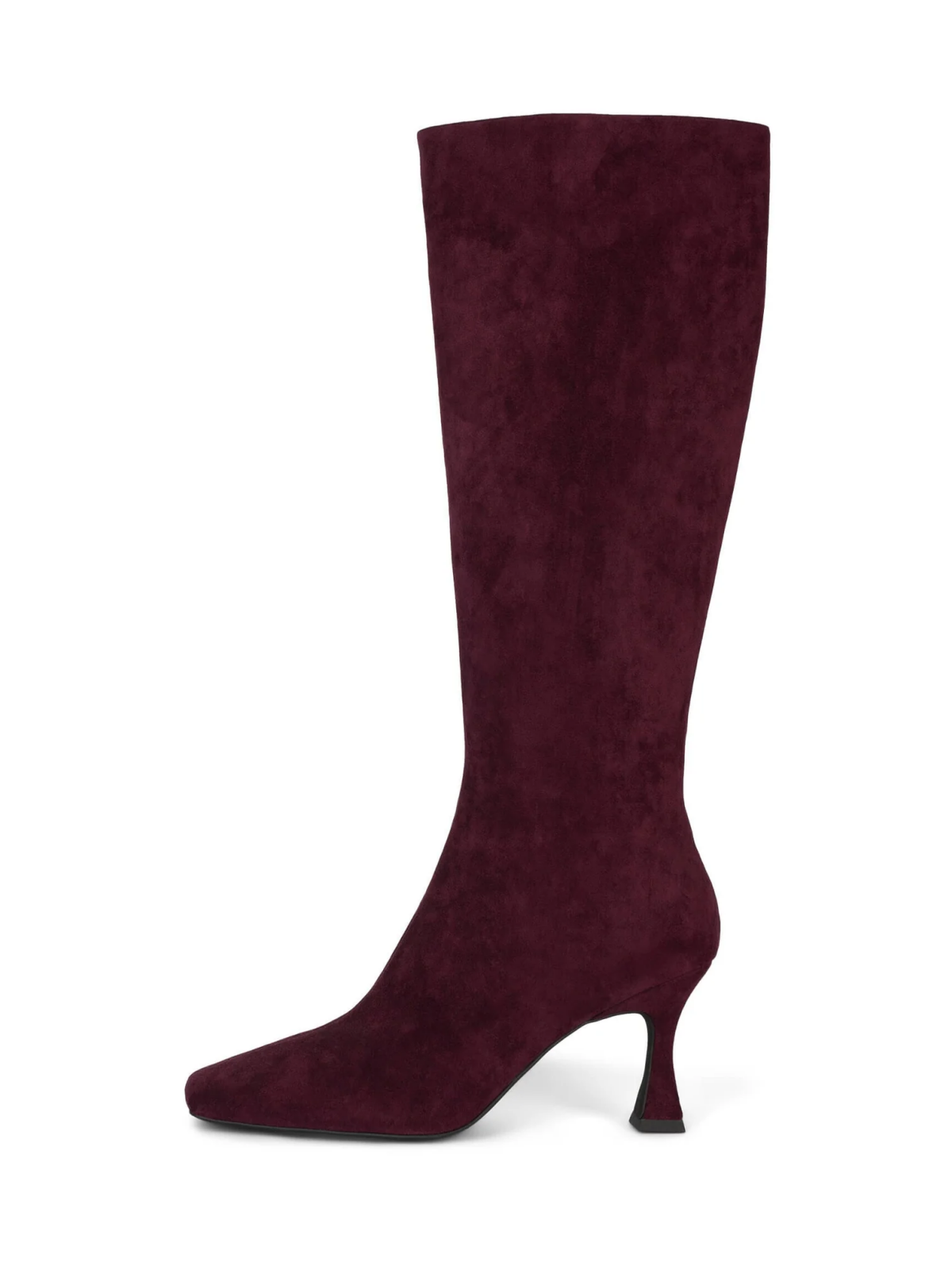 Square-Toe Full-Zip Mid Calf Stiletto Boots - Wine Red Faux Suede