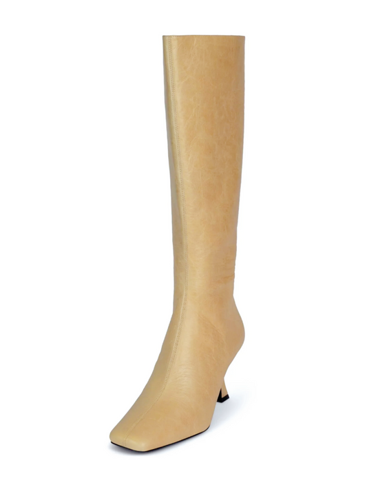 Square-Toe Mid Calf Full-Zip Stiletto Boots - Light Yellow