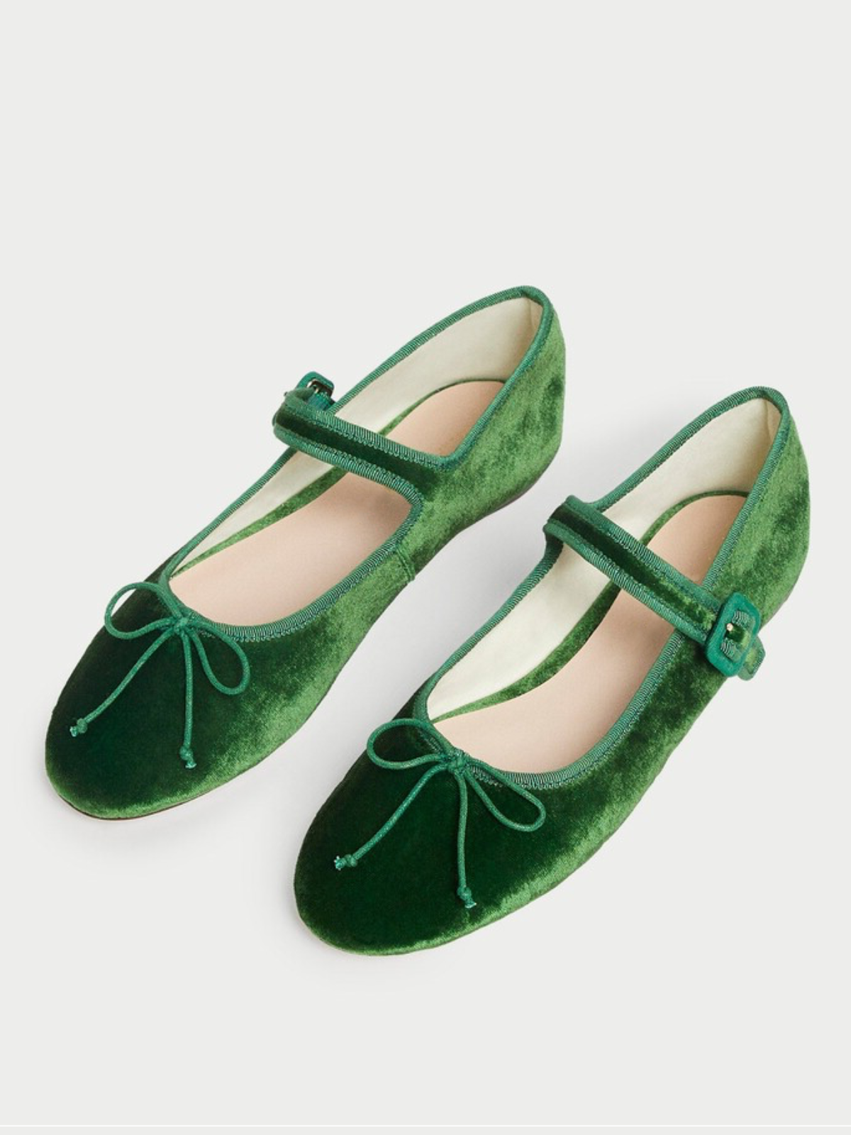 Green Velvet Almond-Toe Elastic Bridge Strap Bow Mary Janes Ballet Flats