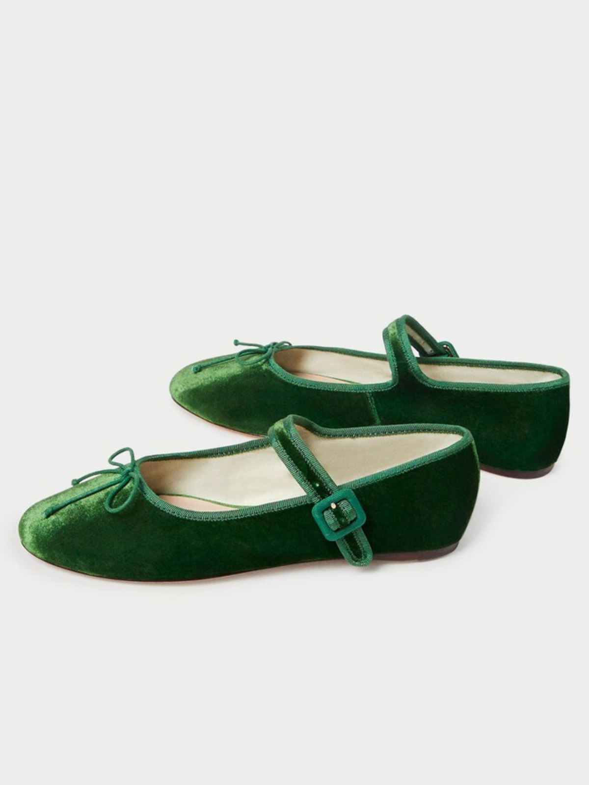 Green Velvet Almond-Toe Elastic Bridge Strap Bow Mary Janes Ballet Flats