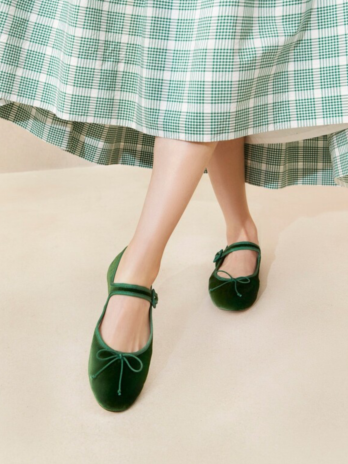 Green Velvet Almond-Toe Elastic Bridge Strap Bow Mary Janes Ballet Flats