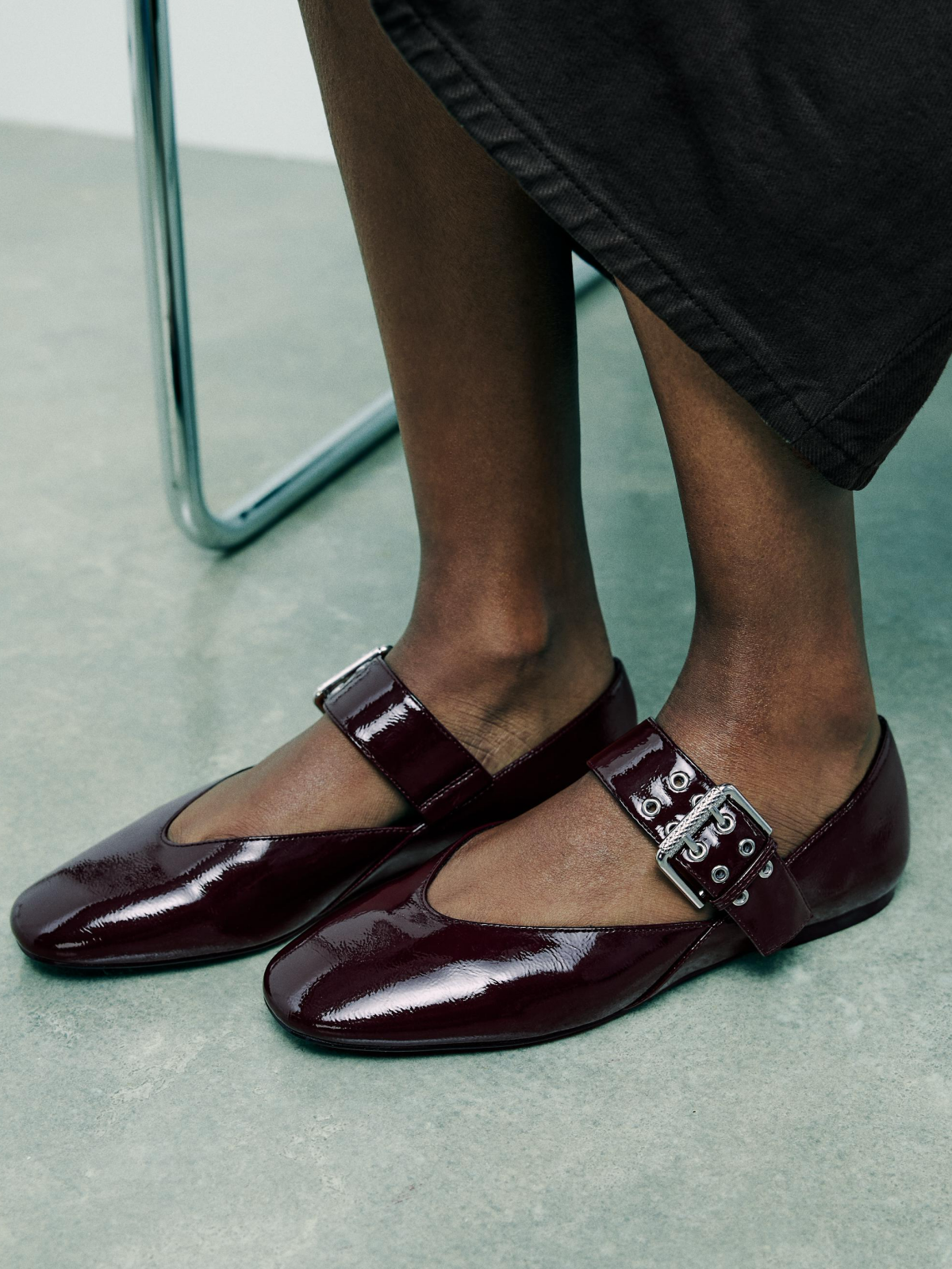 Patent Burgundy Square-Toe Wide Strap With Buckle Mary Janes Ballet Flats