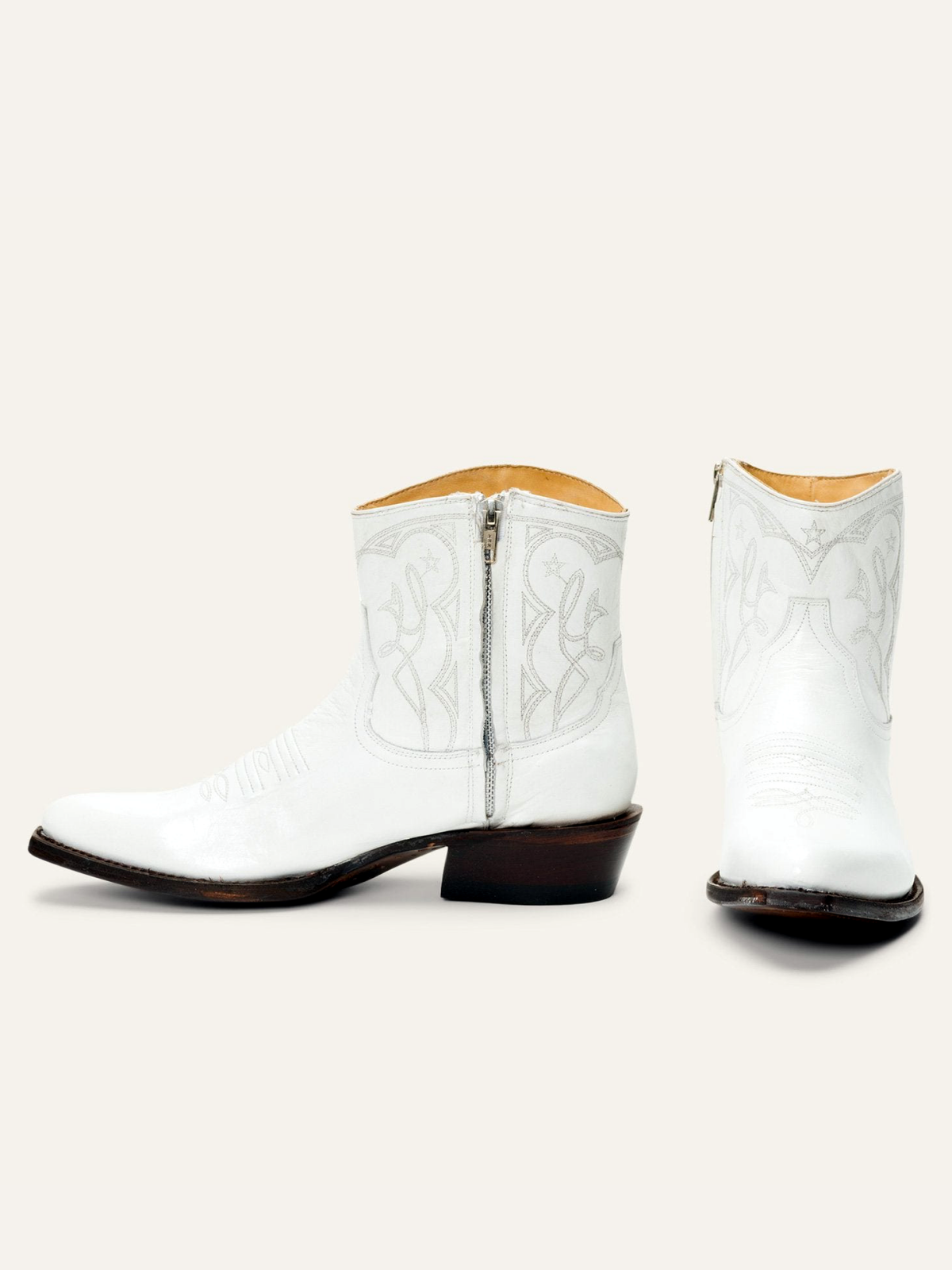 White Snip-Toe Embroidery Full-Zip Cowgirl Ankle Booties