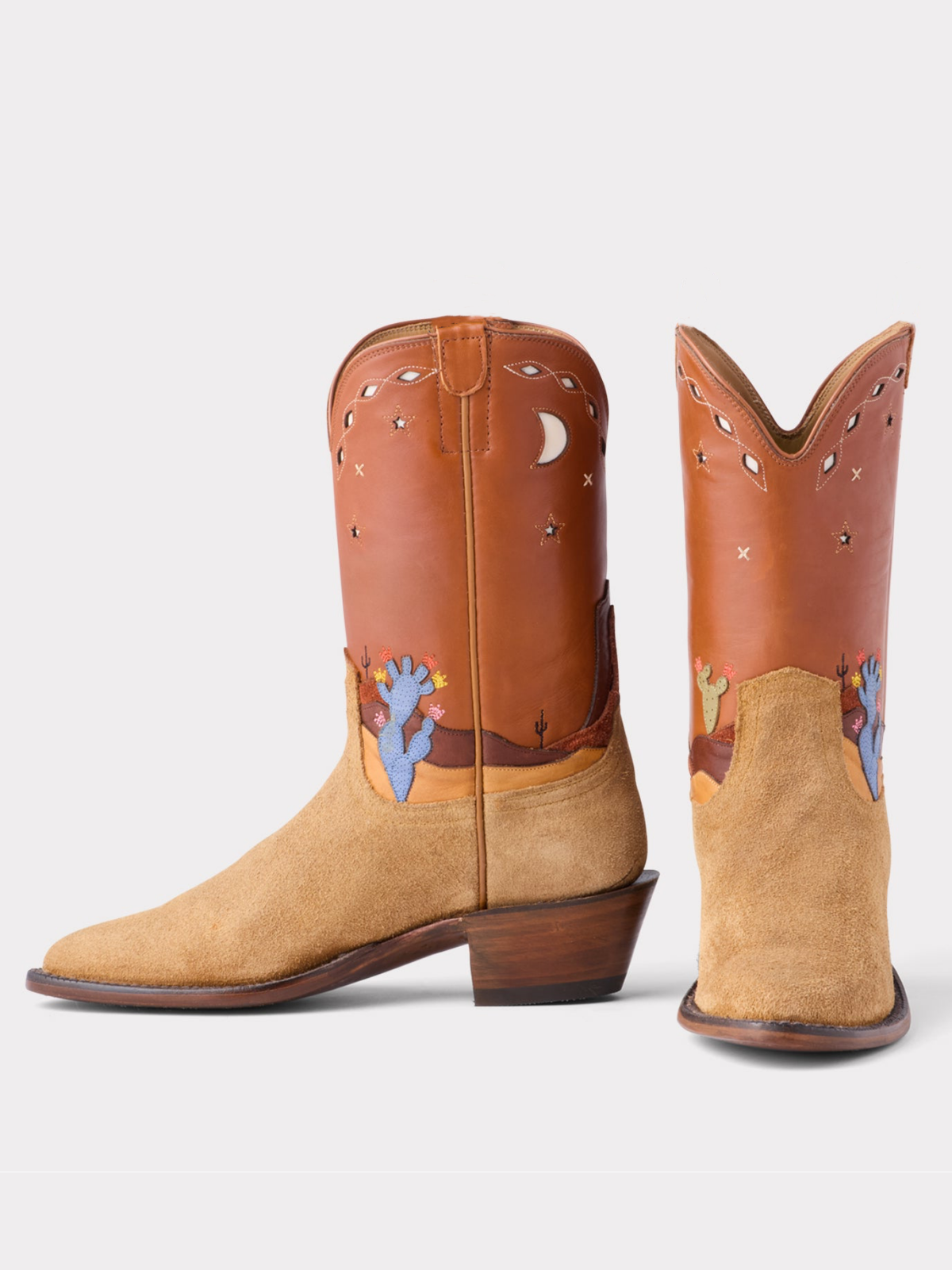 Sand Contrast Vegan Leather And Faux Suede Cactus Applique Moon Star Inlay Wide Mid Calf Cowgirl Boots