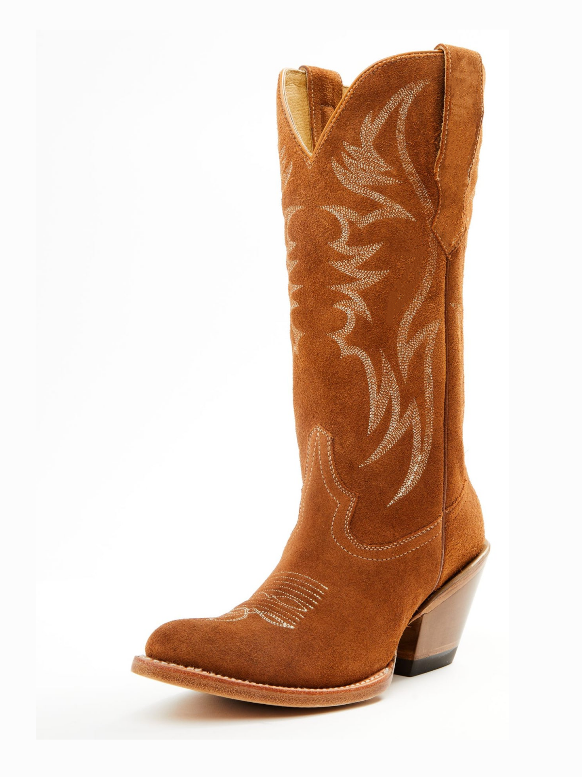 Faux Suede Wings Embroidery Pointed-Toe Wide Mid Calf Tall Cowgirl Boots - Cognac