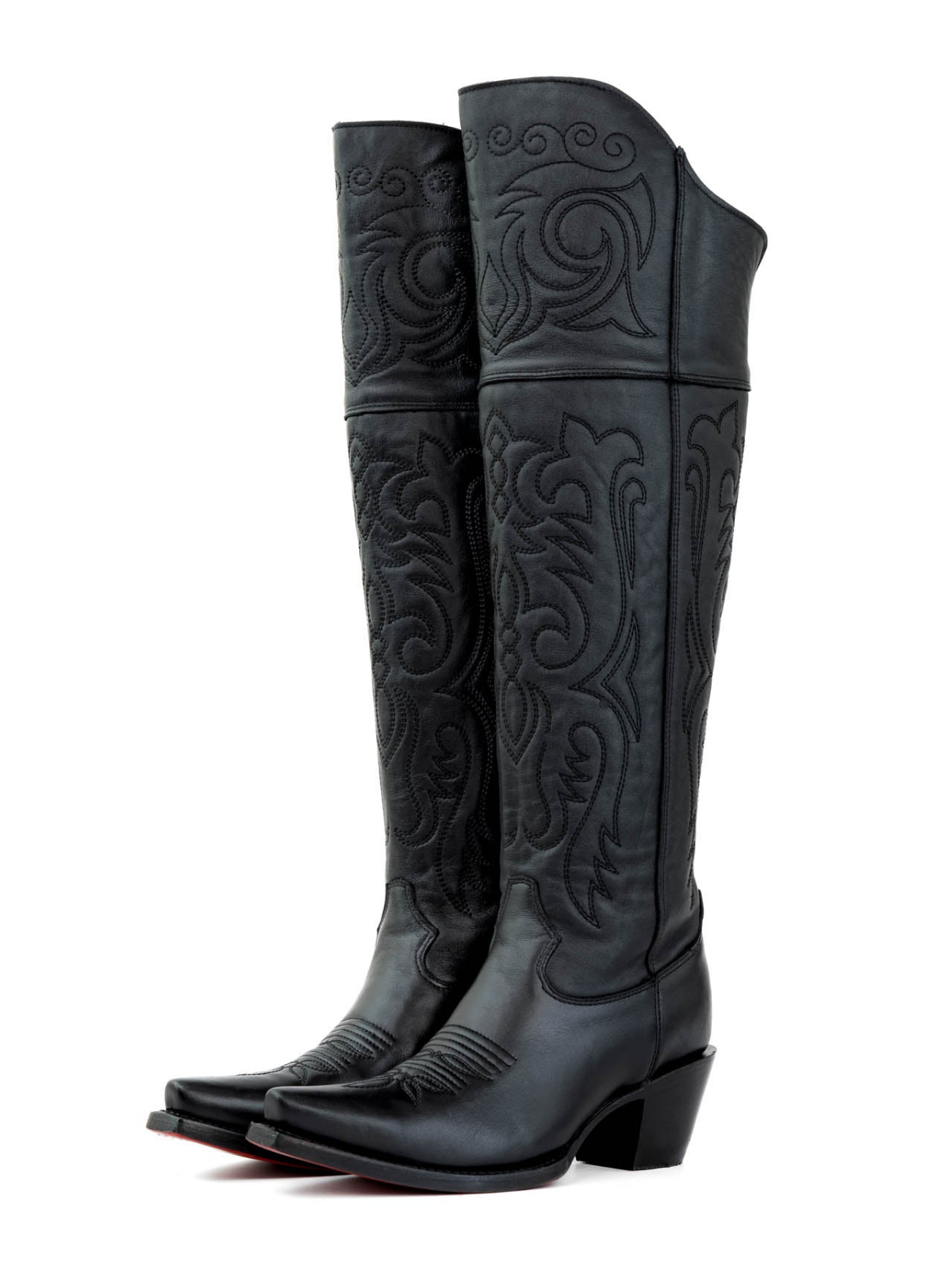 Black Snip-Toe Half-Zip Embroidery Tall Knee High Cowgirl Boots