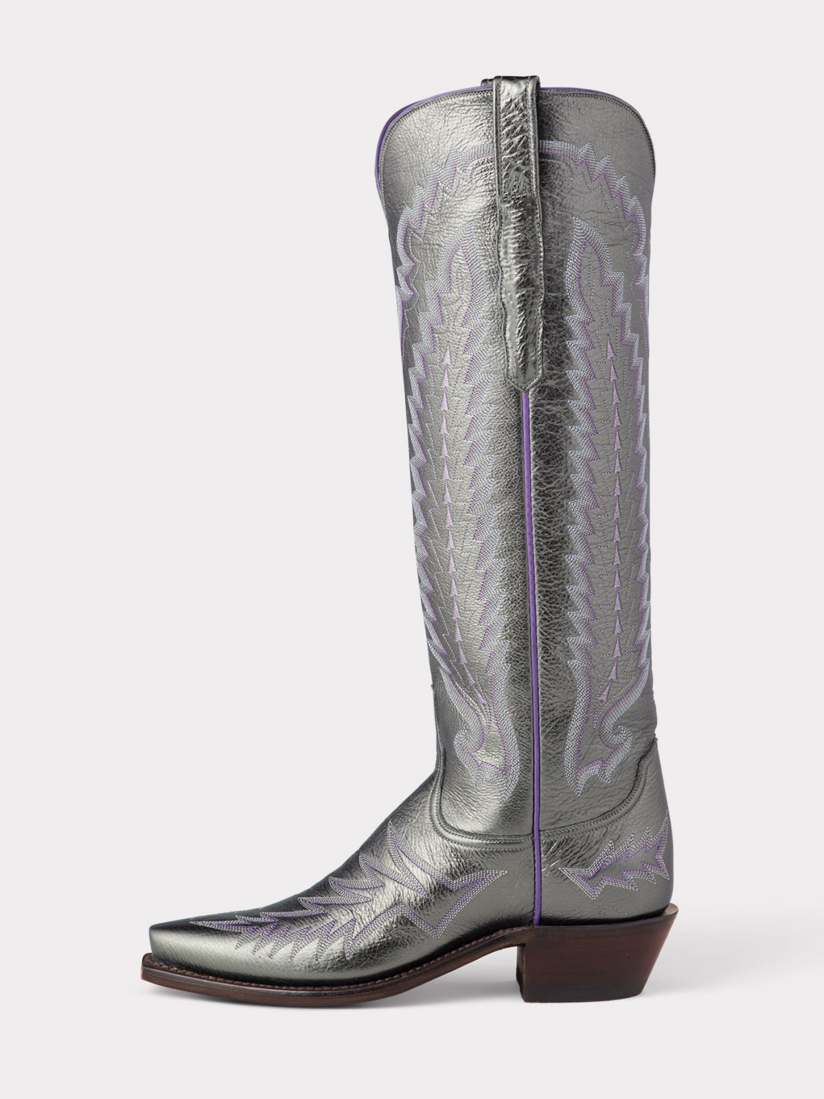 Metallic Pewter Snip-Toe Embroidery Wide Calf Tall Knee High Cowgirl Boots