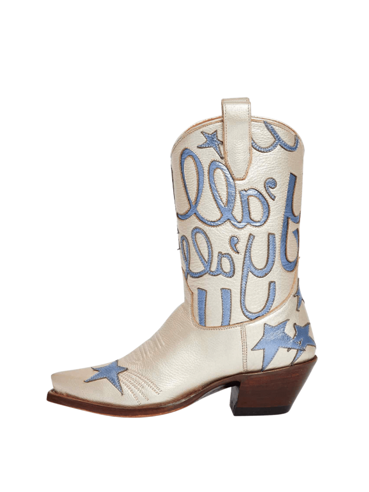 Metallic Ivory Snip-Toe Star And Letters Inaly Applique Wide Mid Calf Cowgirl Boots