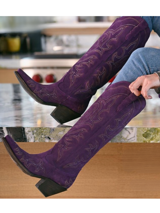 Purple Faux Suede Embroidery Snip-Toe Half-Zip Knee High Tall Cowgirl Boots