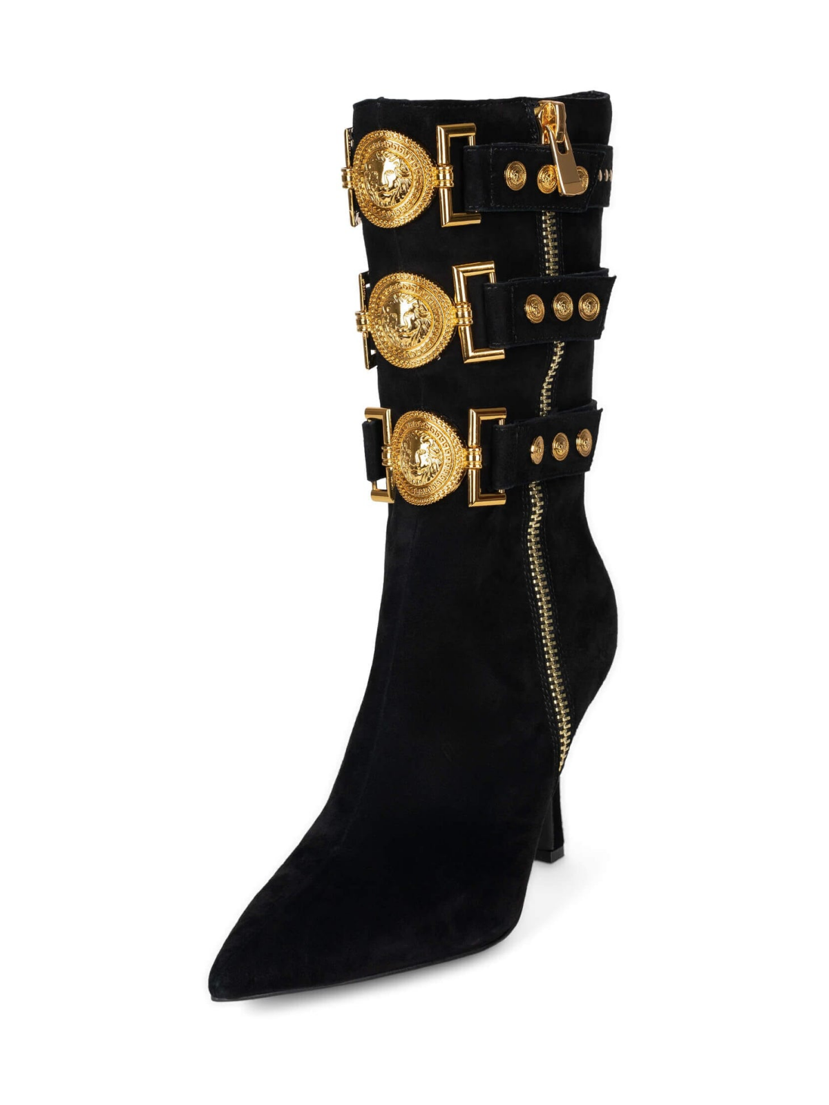 Black Faux Suede Pointed-Toe Full-Zip Mid Calf Stiletto Boots With Straps And Gold Emblem