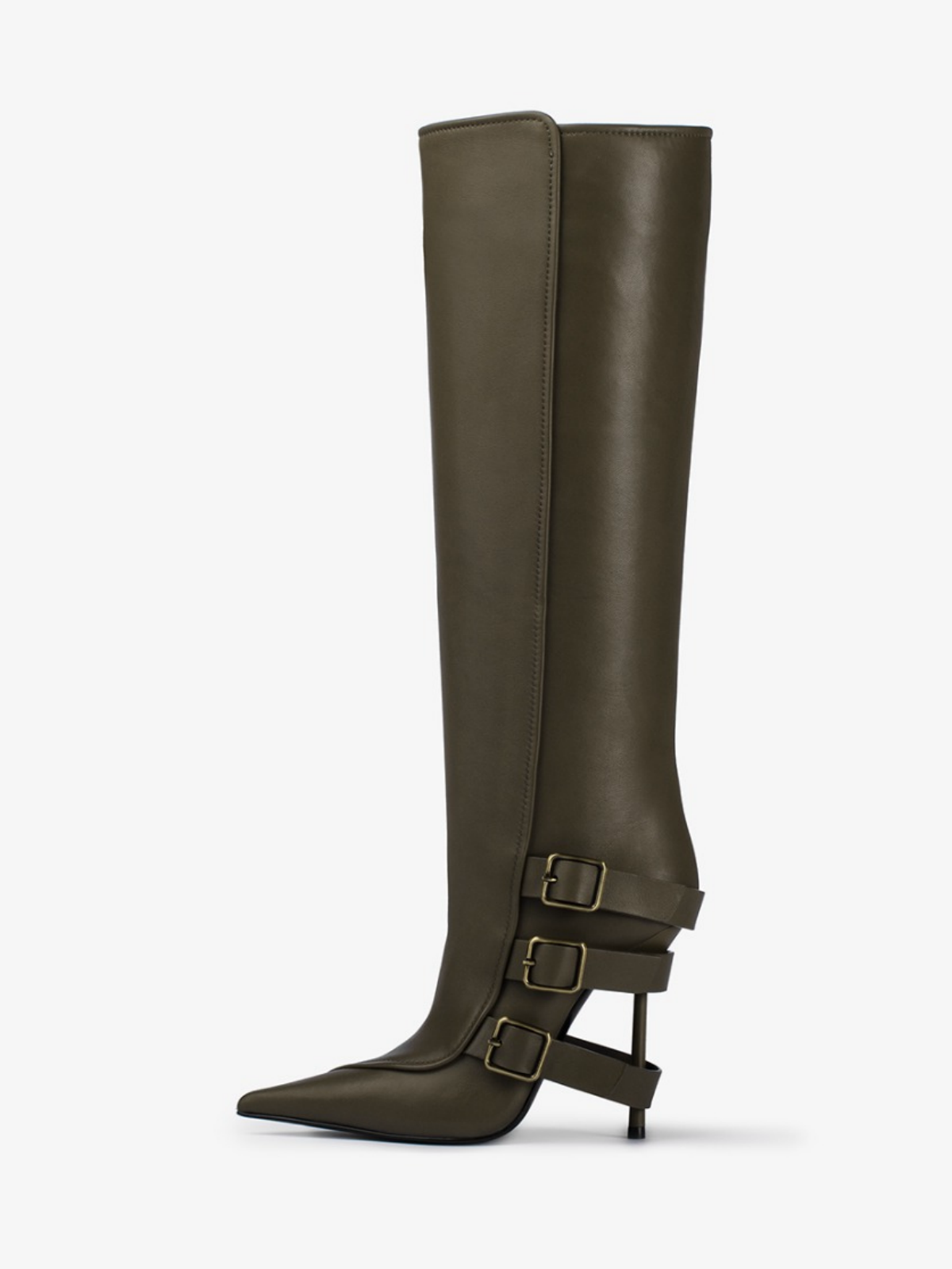 Khaki Pointed-Toe Wide Mid Calf Stiletto Boots With Buckles