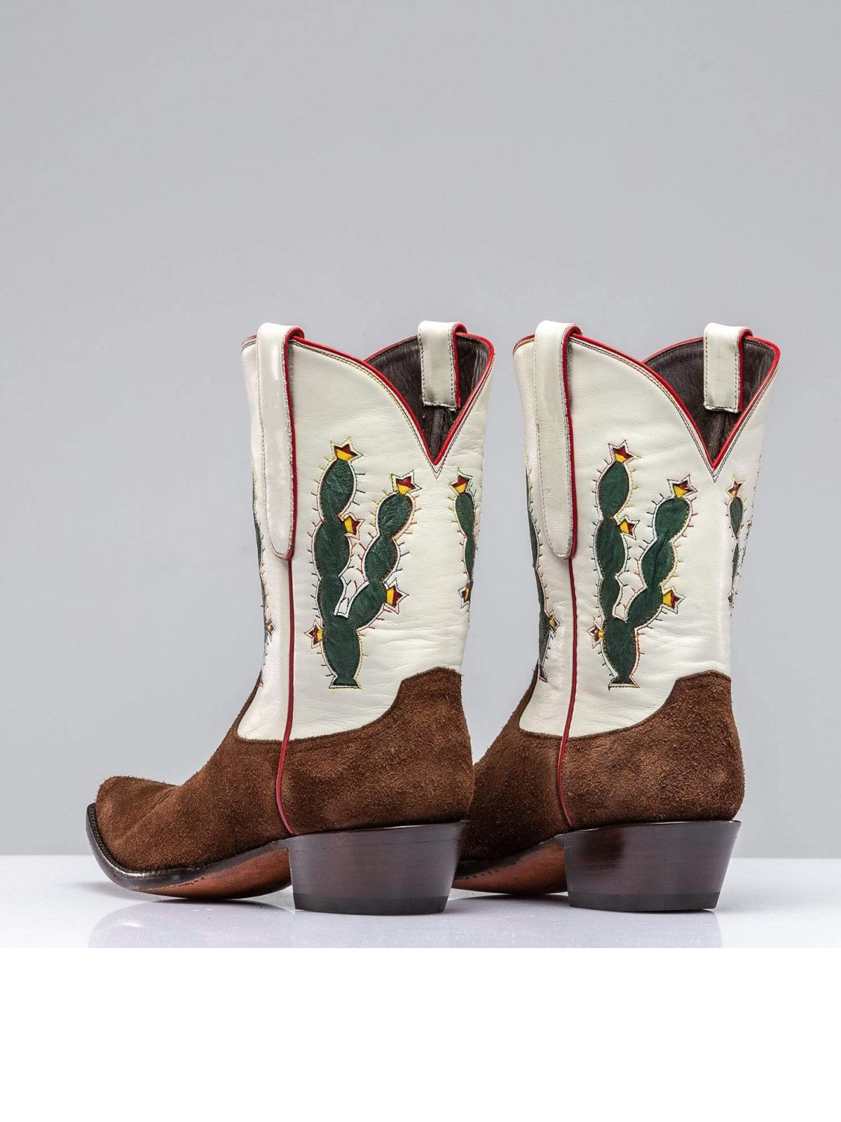 Contrast White And Chocolate Faux Suede Wide Mid Calf Cowgirl Boots With Cactus Inlay