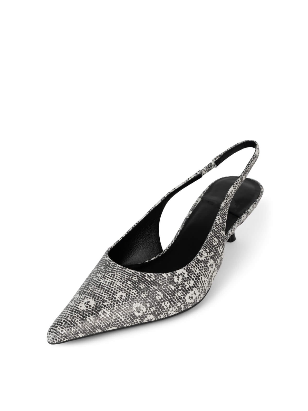 Black White Lizard Print Slip-On Pointed-Toe Slingback Kitten Heel