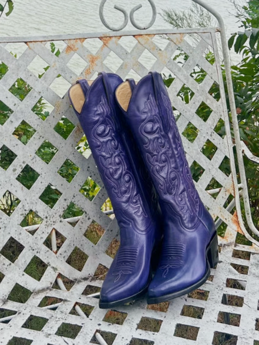 Purple Snip-Toe Embroidery Knee High Tall Cowgirl Boots
