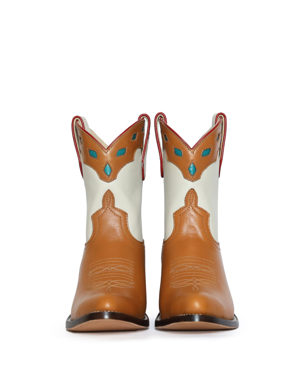 Contrast Orange Brown And White Inlay Round-Toe Wide Mid Calf Cowgirl Boots