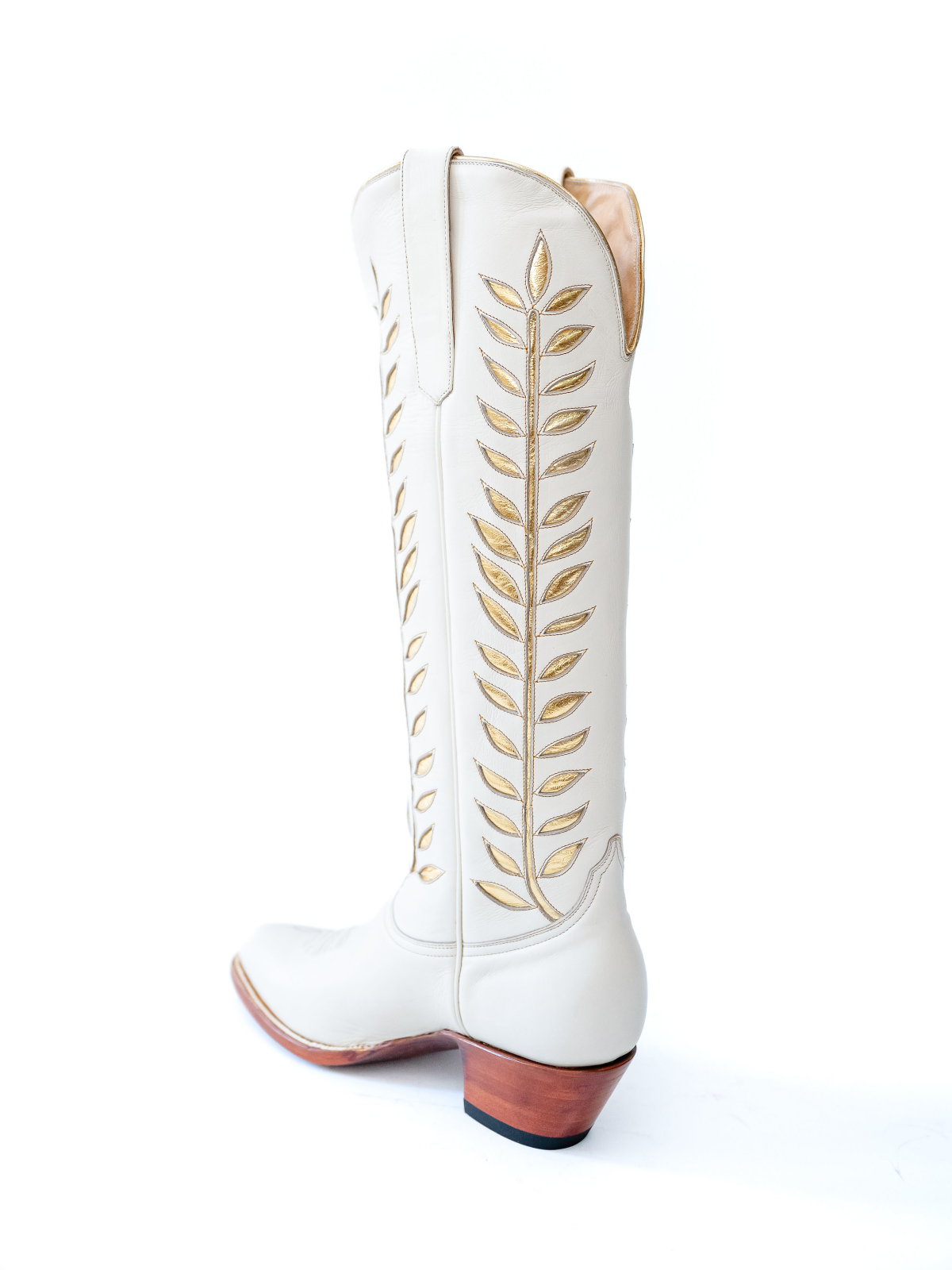 Almond-Toe Metallic Gold Leaves Inlay Wide Calf Tall Knee High Cowgirl Boots - White