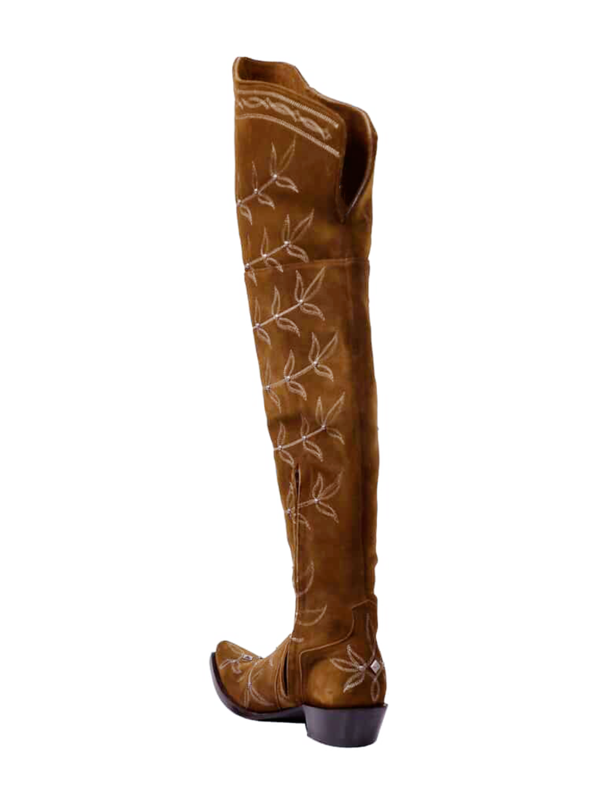 Brown Faux Suede Snip-Toe Studded Leaf Embroidery Half-Zip Over-The-Knee Cowgirl Boots