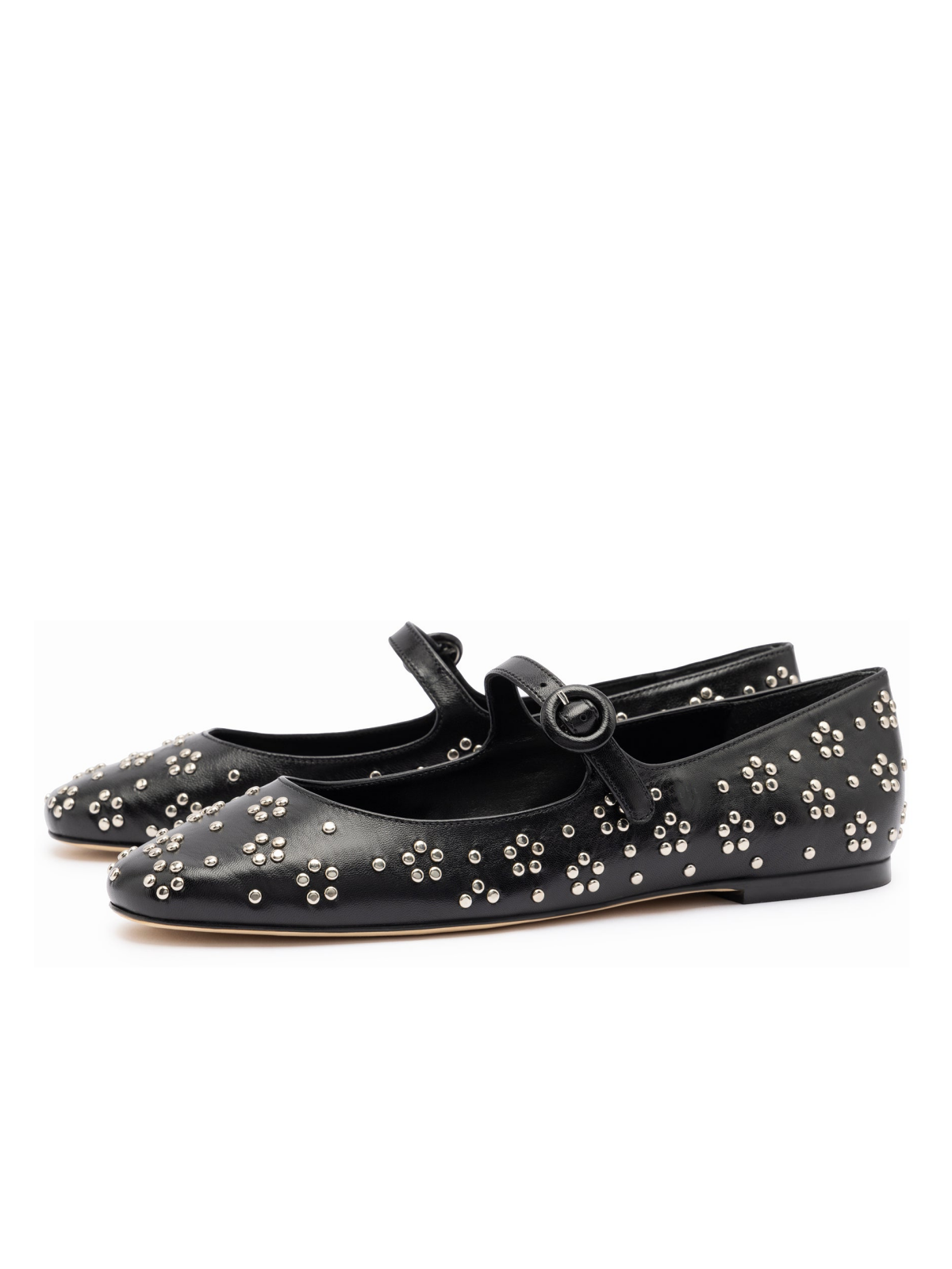 Black Vegan Leather Round-Toe Bridge Starp Ballet Flats With Studs