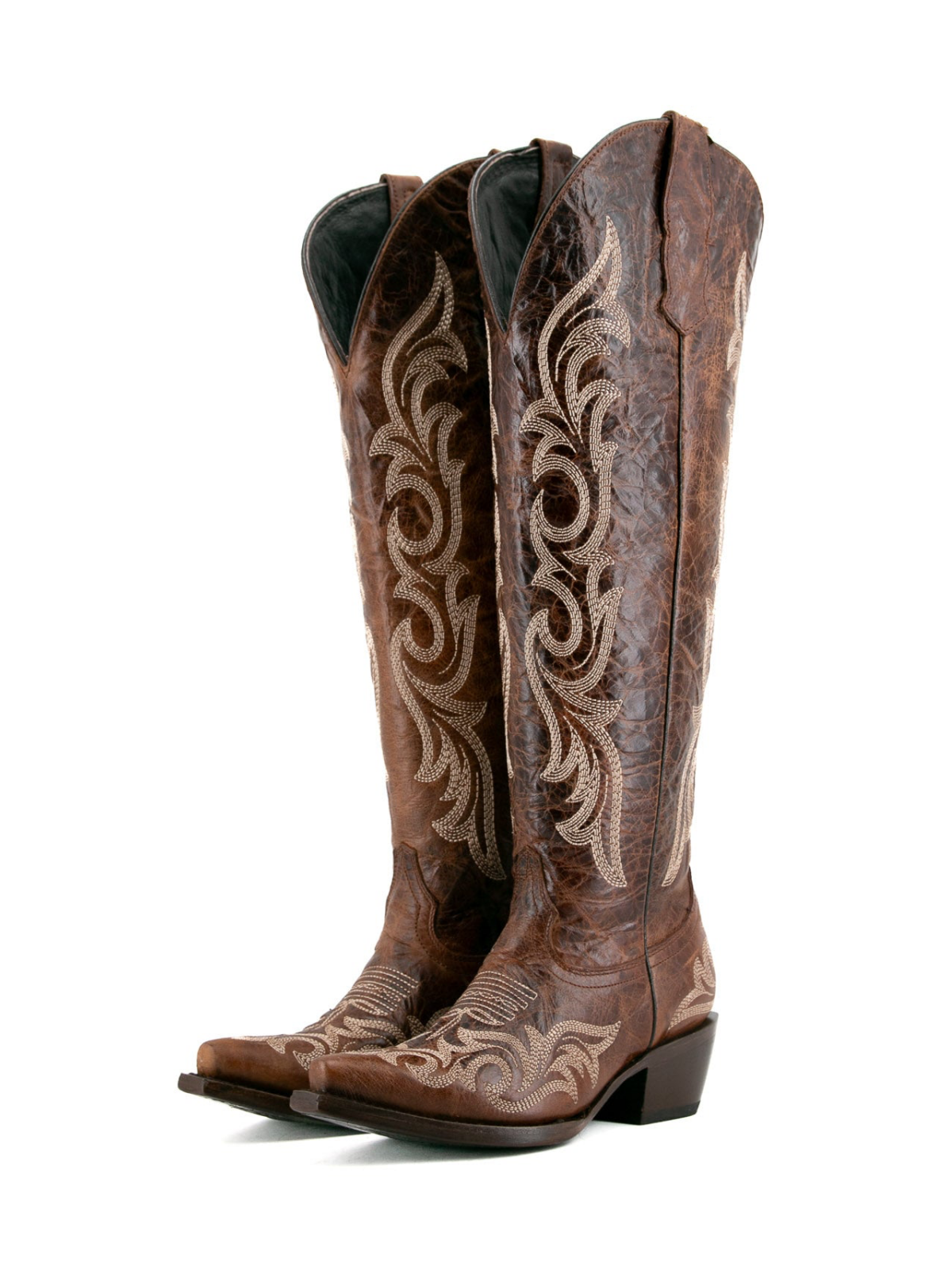 Distressed Camel Embroidery Snip-Toe Tall Half-Zip Knee High Cowgirl Boots