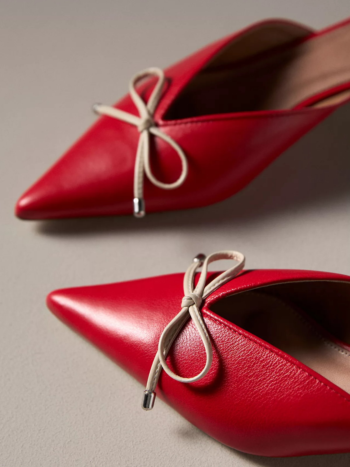 Red Pointed-Toe Slip-On Kitten Heels With Bow