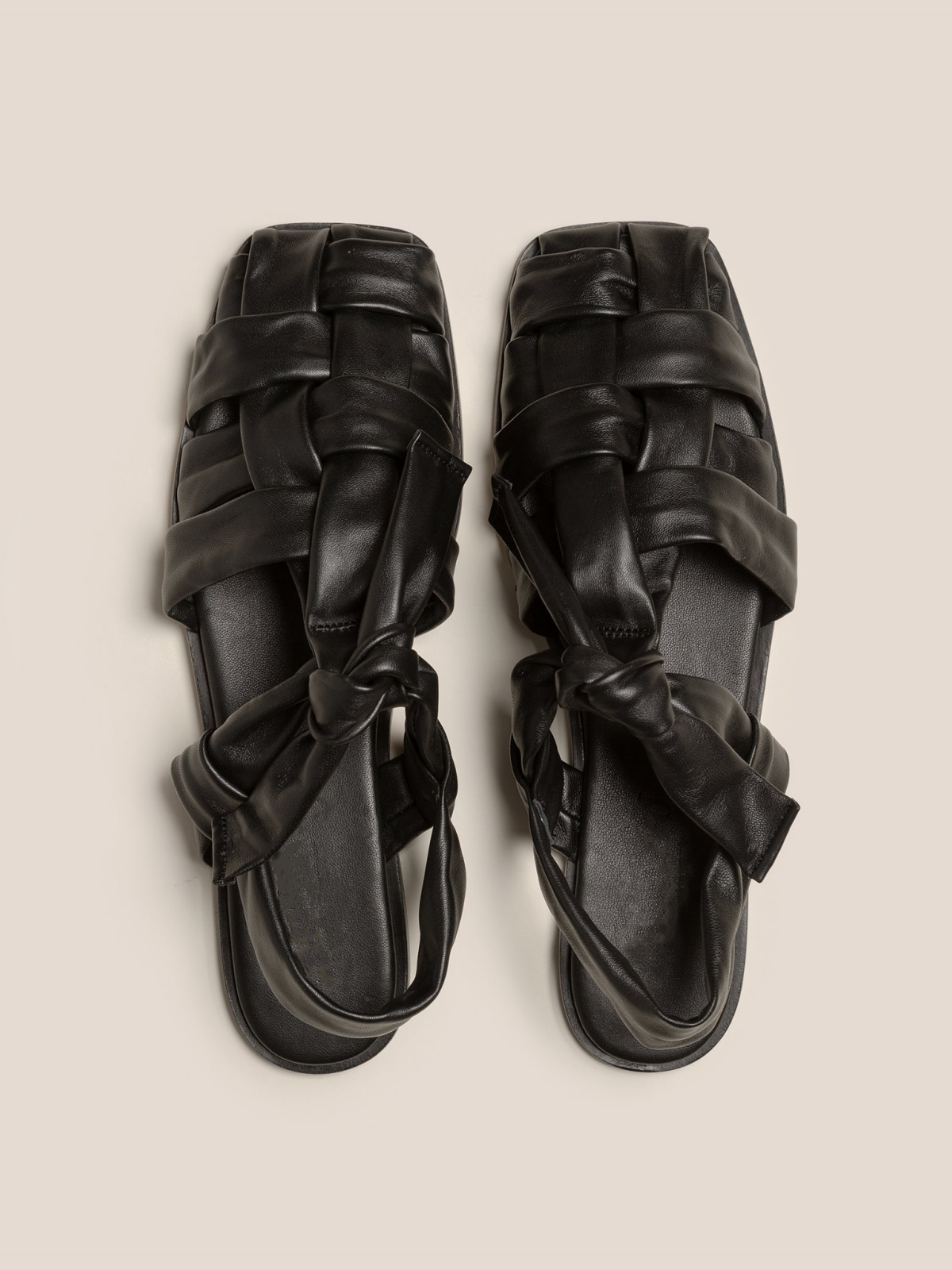 Black Interwoven Square-Toe Flats Sandals With T-Strap Knotted Bow