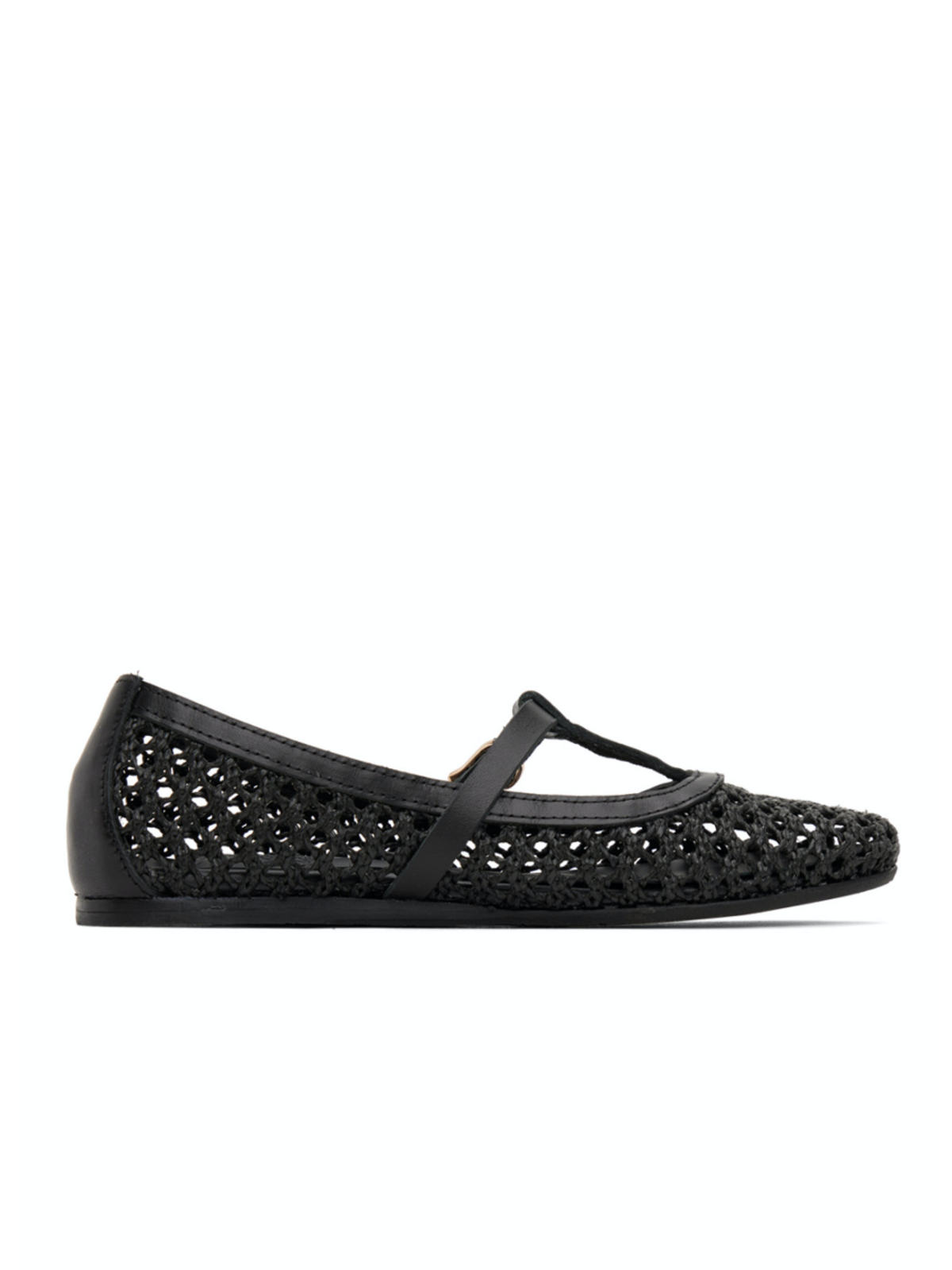 Black Crochet Raffia Woven Ballet Flats With Buckled T-Strap