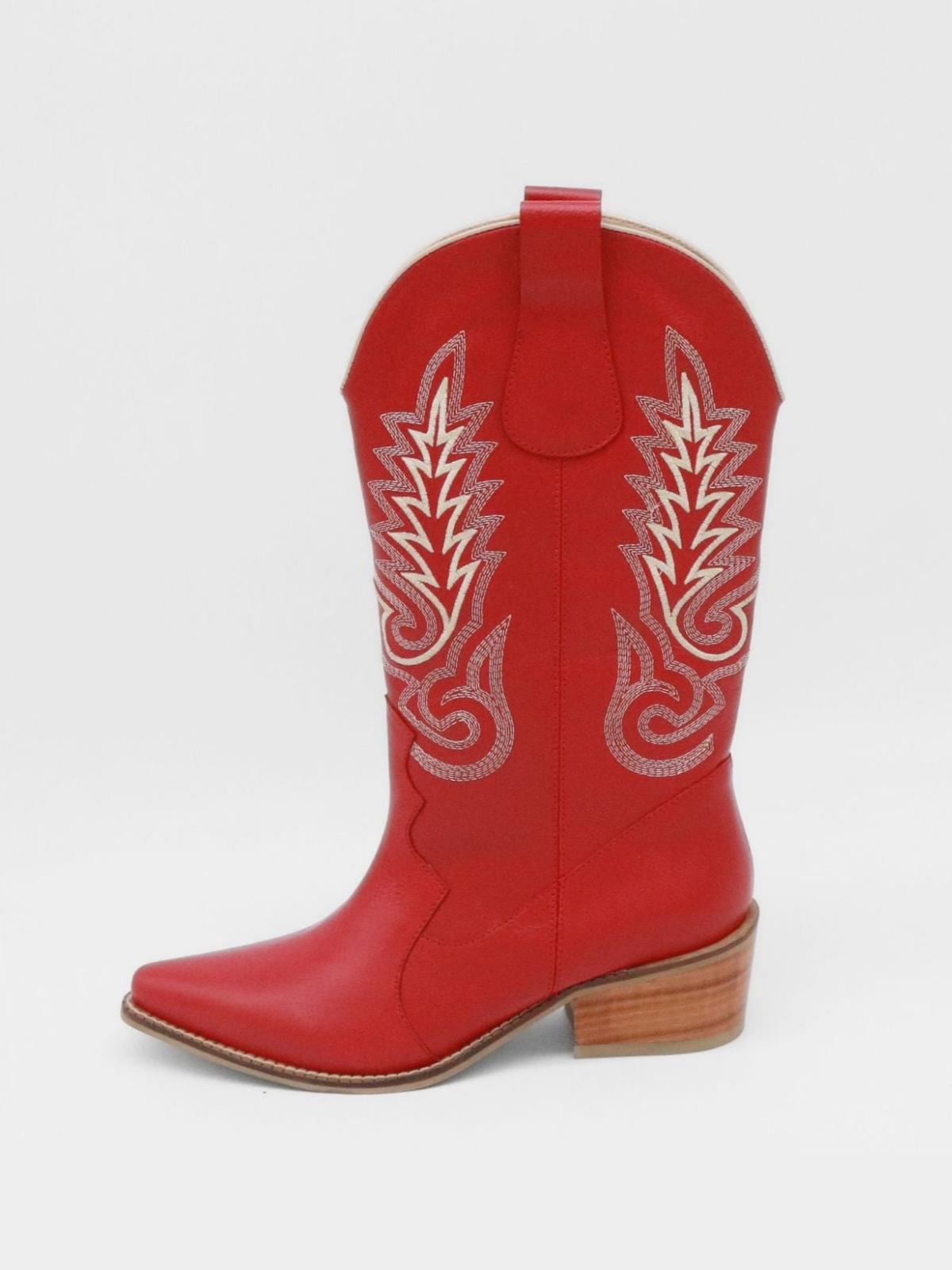 Red Pointed-Toe Embroidery Tall Wide Mid Calf Cowgirl Boots