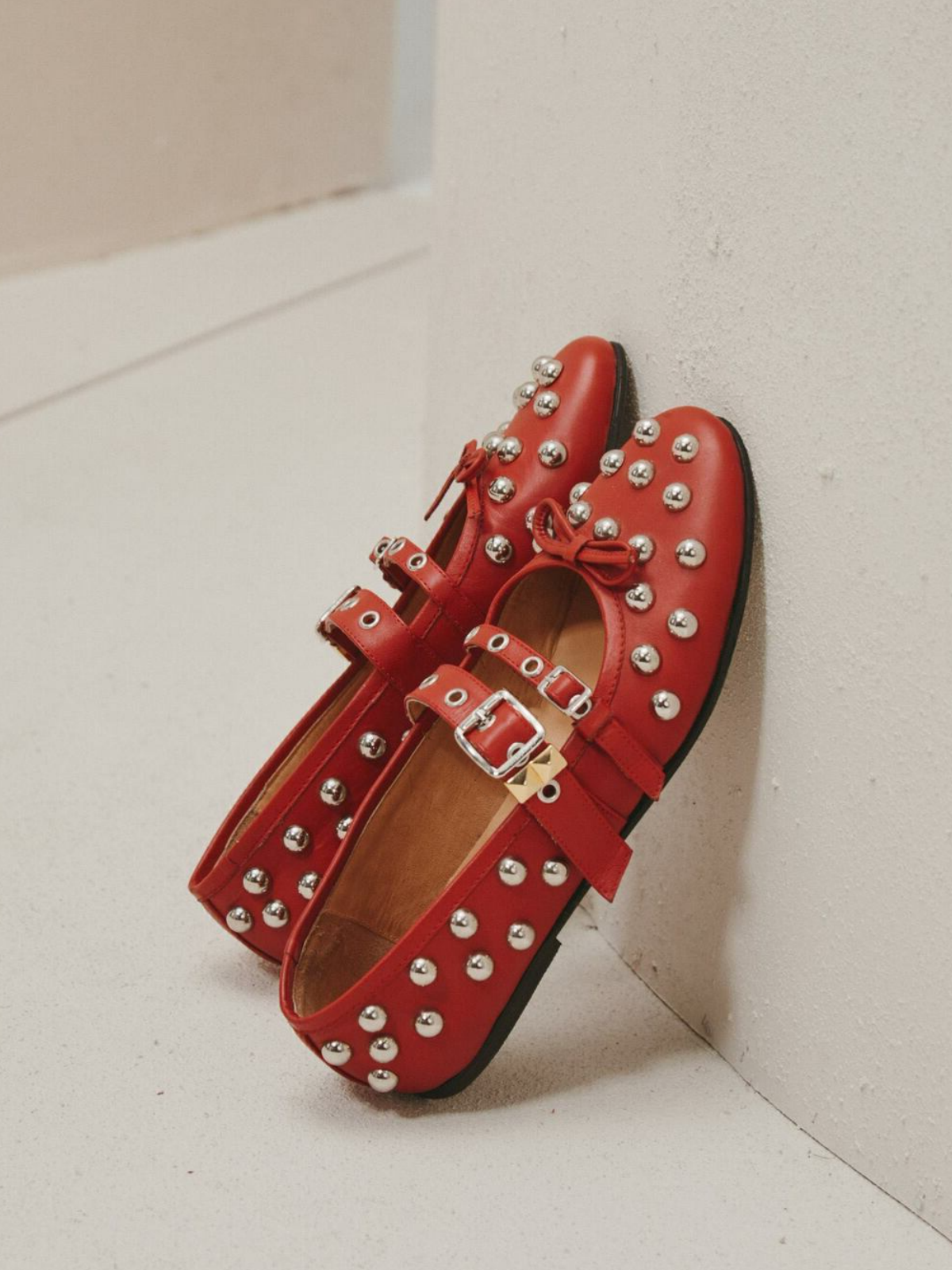 Red Bow Stud Ballet Flats Mary Janes With Grommet Eyelet Buckled Strap