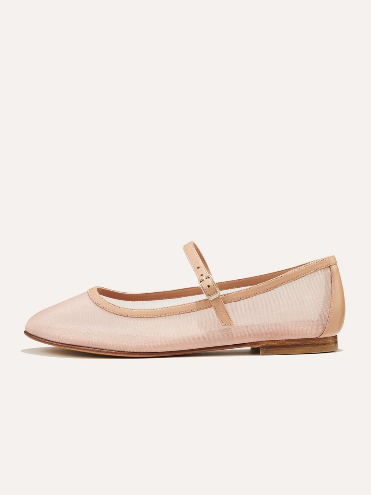 Light Pink Mesh Round-Toe Ballet Flats Mary Janes With Buckled Strap