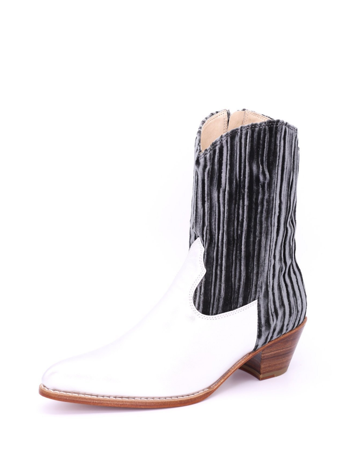 Silver Striped Velvet And White Vegan Leather Almond-Toe Full-Zip Mid Calf Cowgirl Boots