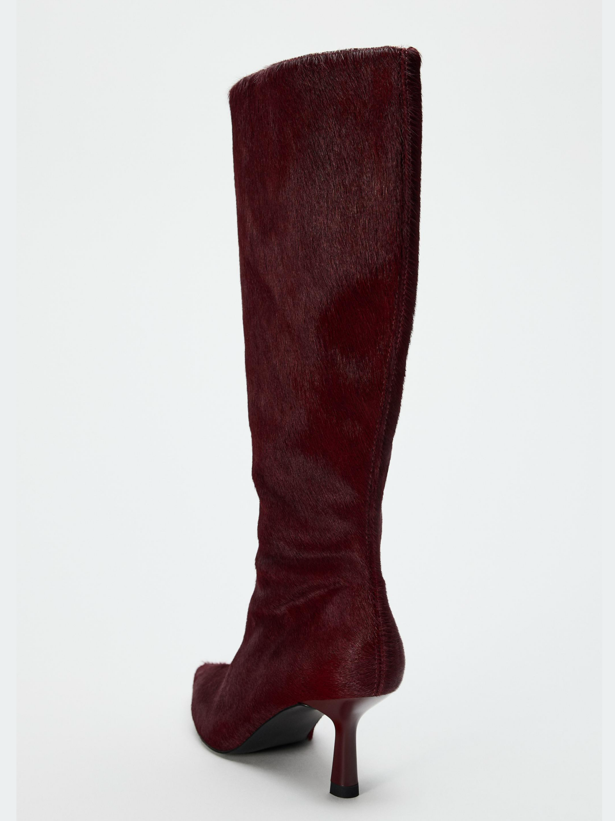 Burgundy Faux Pony Hair Vegan Leather Pointed-Toe Full-Zip Mid Calf Stiletto Boots