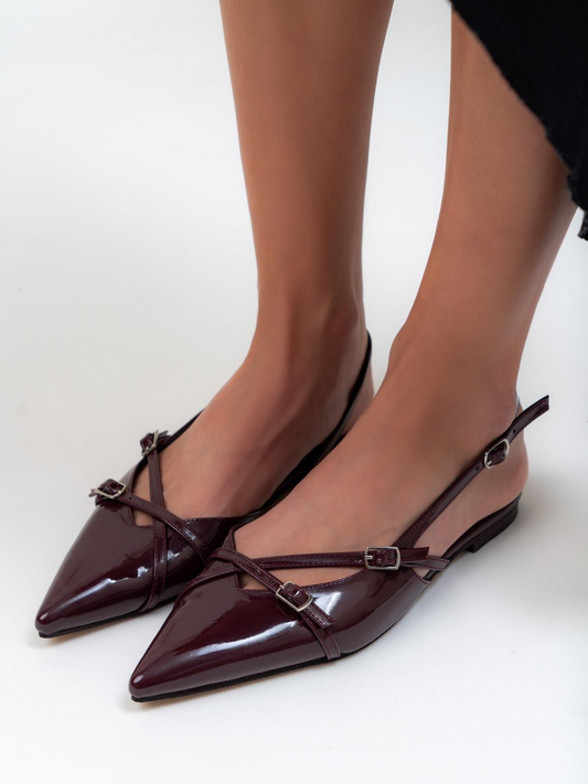 Claret Red Patent Buckled Belt Detail Pointy Ballet Flats Slingbacks