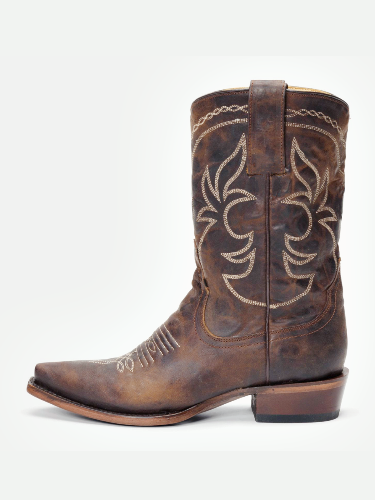 Brown Snip-Toe Embroidery Wide Mid Calf Western Boots For Women